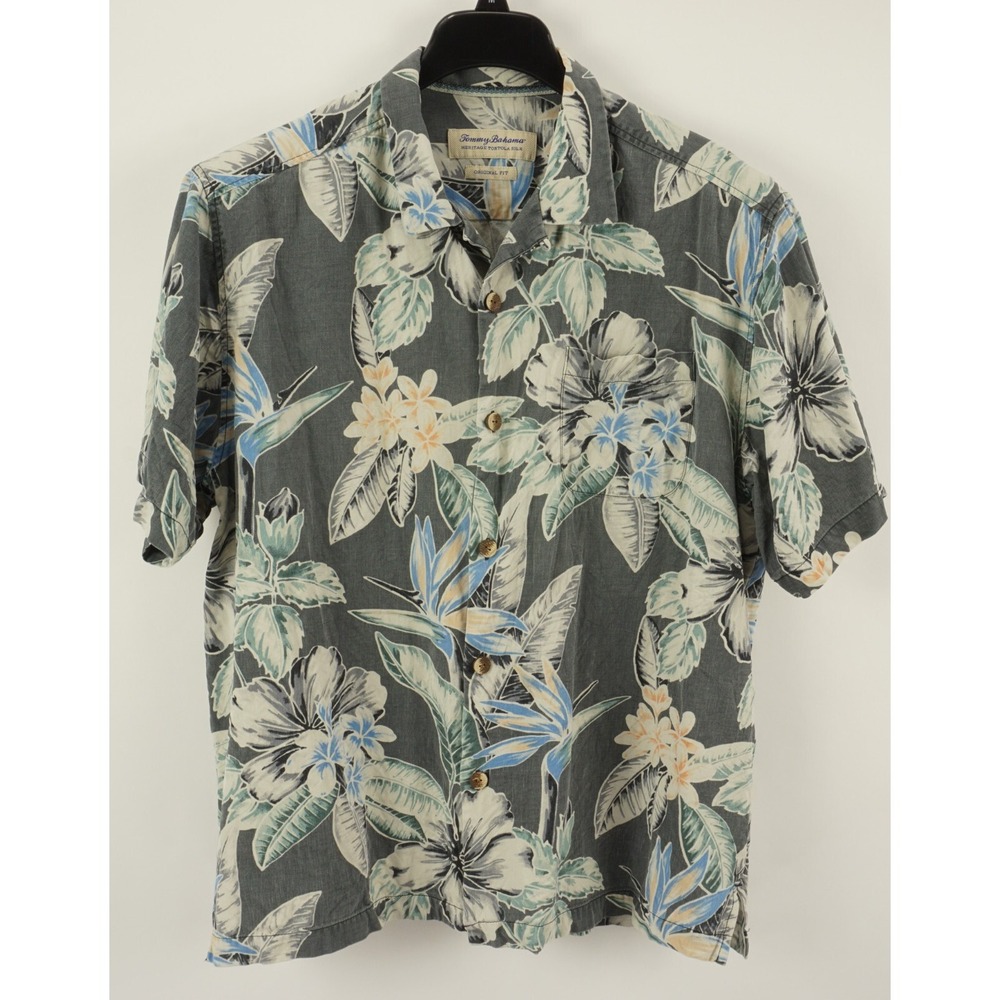 Tommy Bahama Heritage‎ Tortola Silk Men's Large Gray Floral Hawaiian Camp Shirt